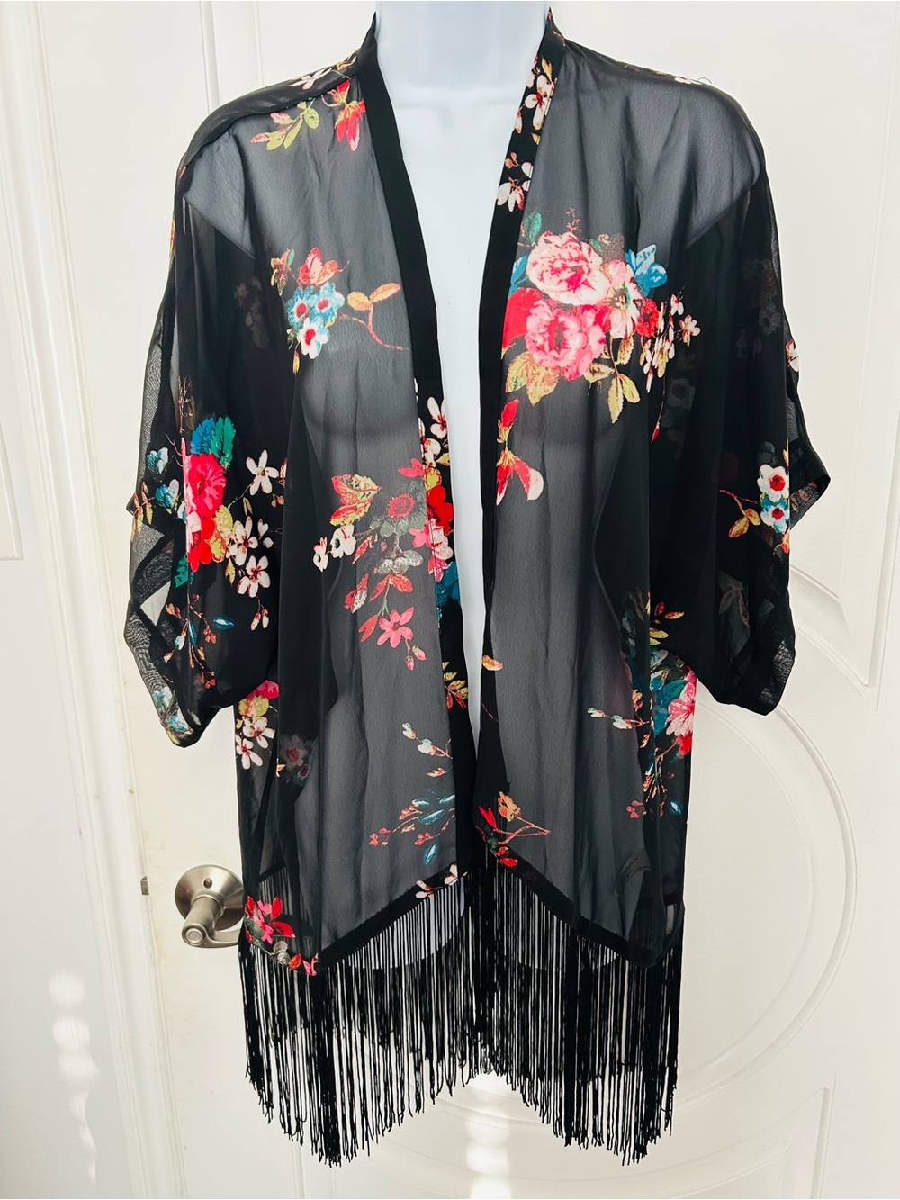 Xhilaration Black Floral Sheer Fringe Kimono